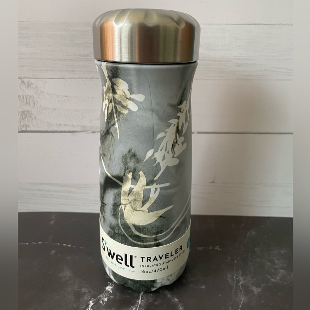 Last One! S'well Traveler Stainless Steel Bottle 16 oz Blue and Gray Floral